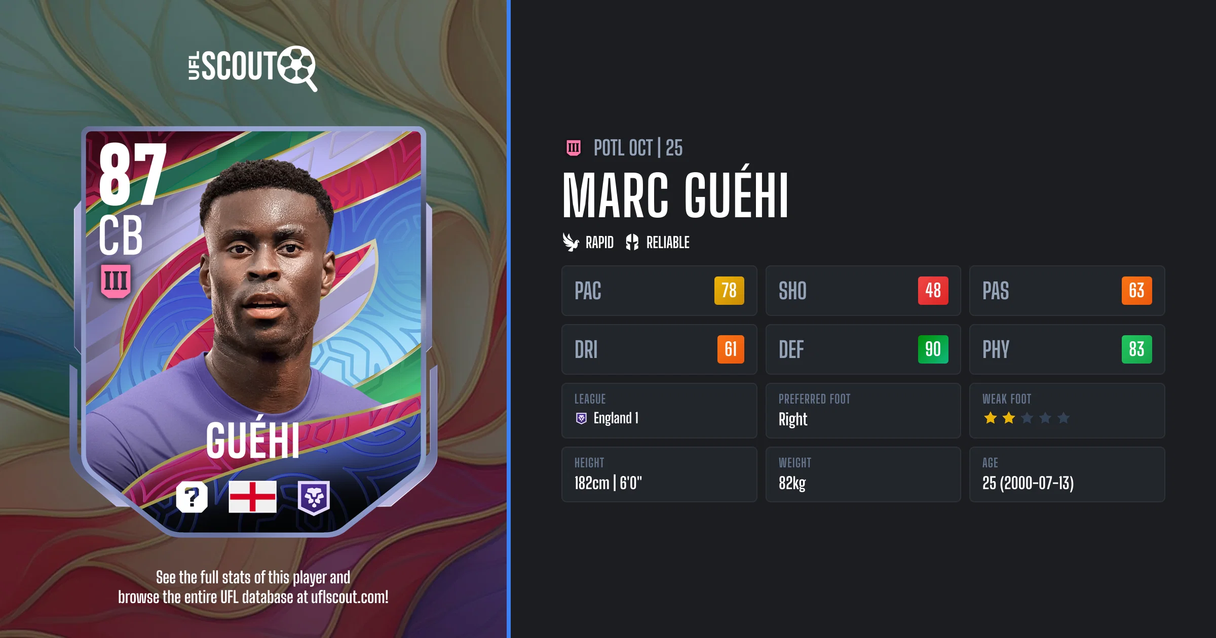 Marc Guéhi 87 OVR POTL Oct | 25 Card | UFL Scout